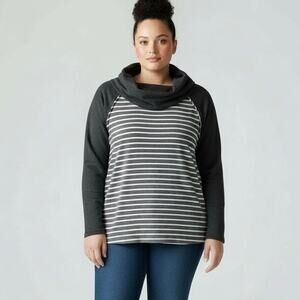 DOUBLJU Women’s Large Gray Striped Cowl Neck Pullover Long Sleeve Casual Top